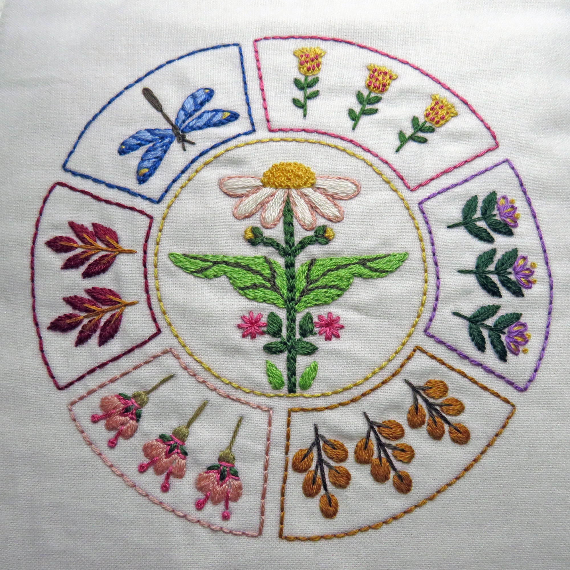 Embroidered design of flowers and leaves on a white background