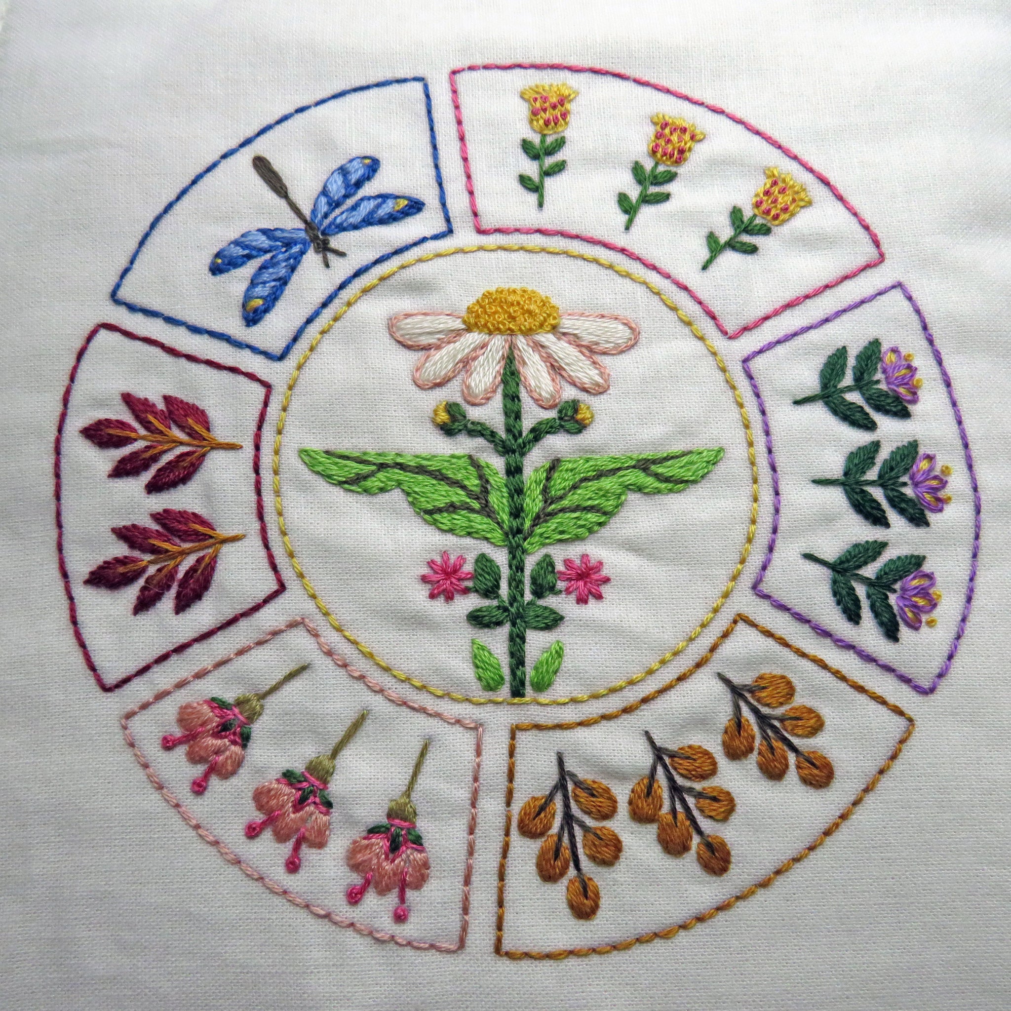 Embroidered design of flowers and leaves on a white background