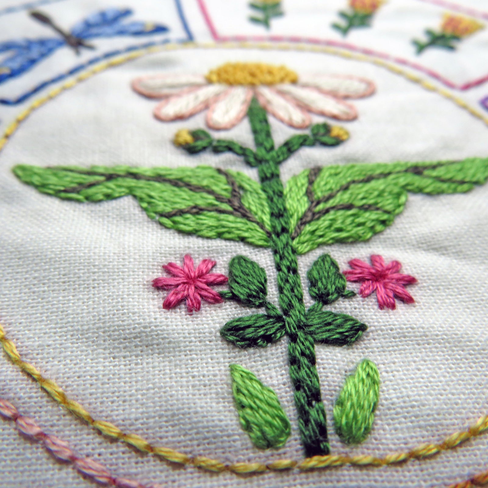 Close-up of embroidered floral design on fabric