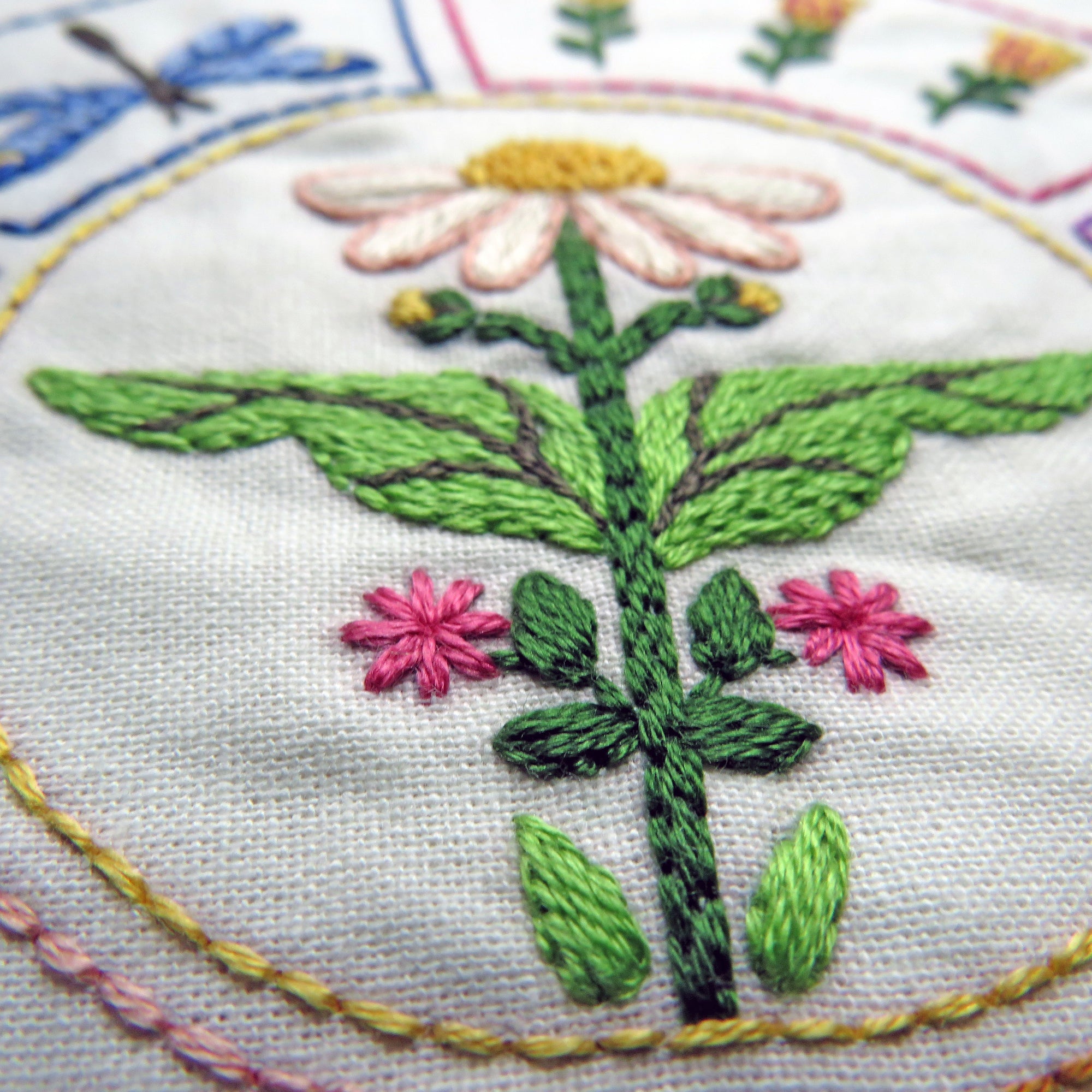 Close-up of embroidered floral design on fabric