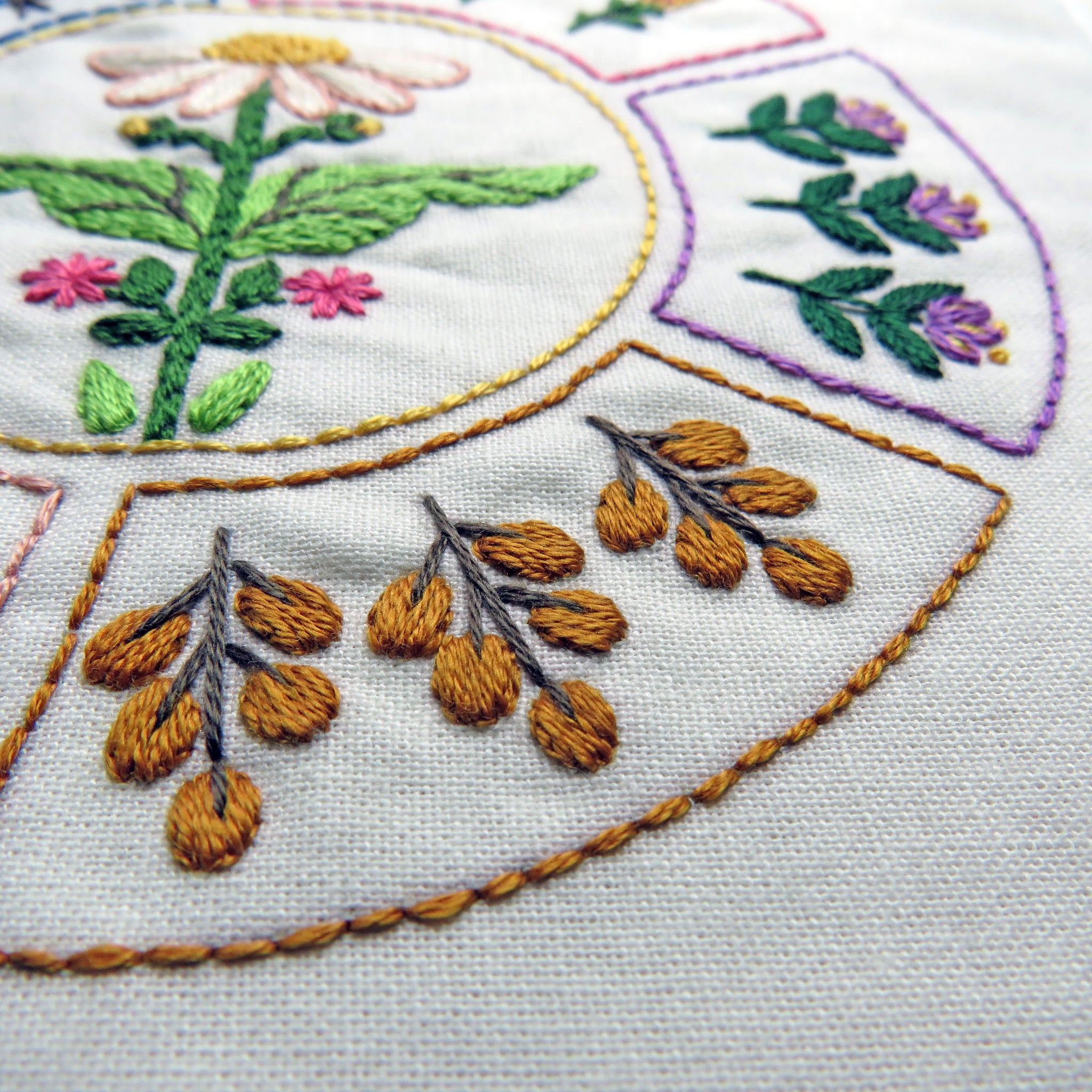 Close-up of embroidered floral design on fabric