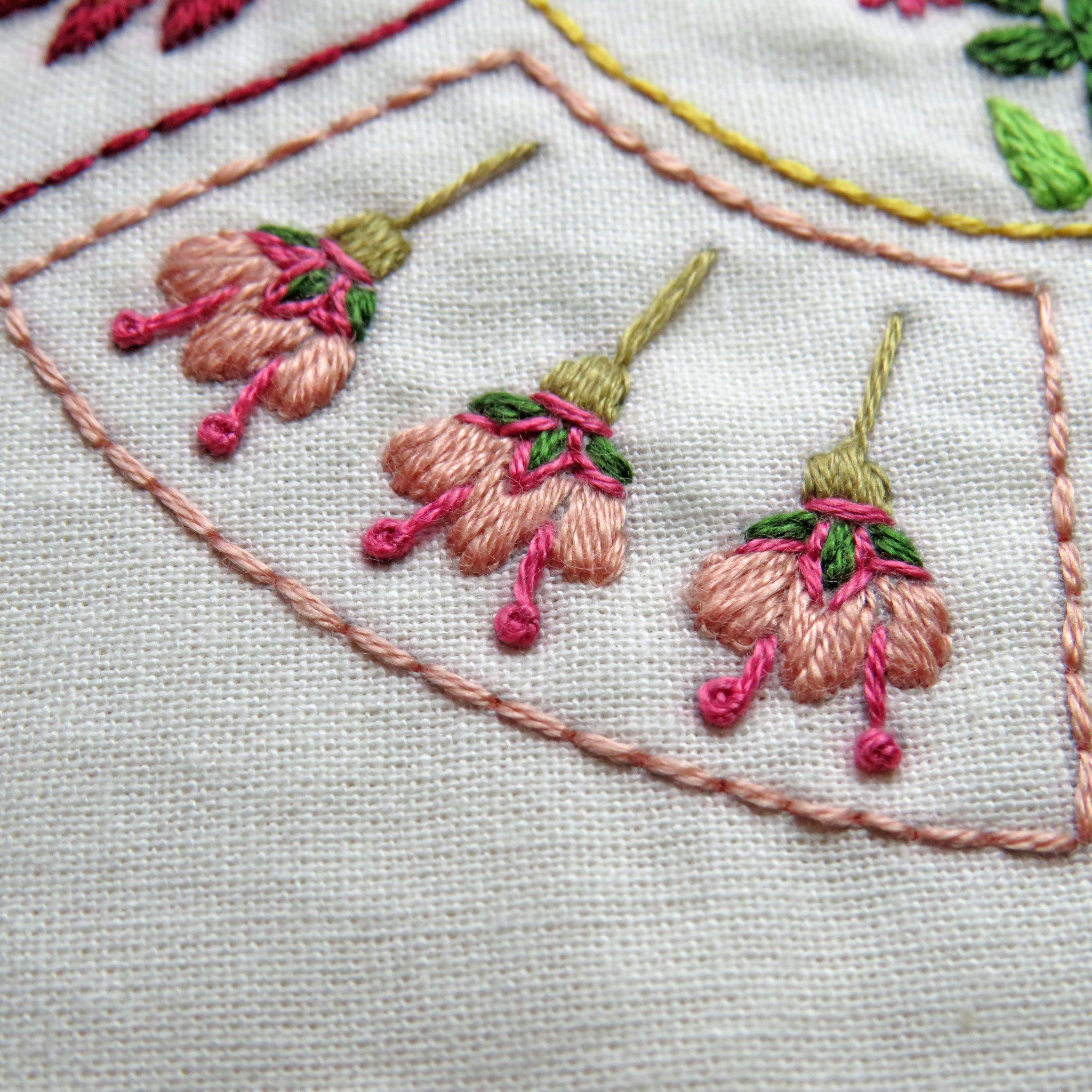 Close-up of floral embroidery with pink and green threads on beige fabric.