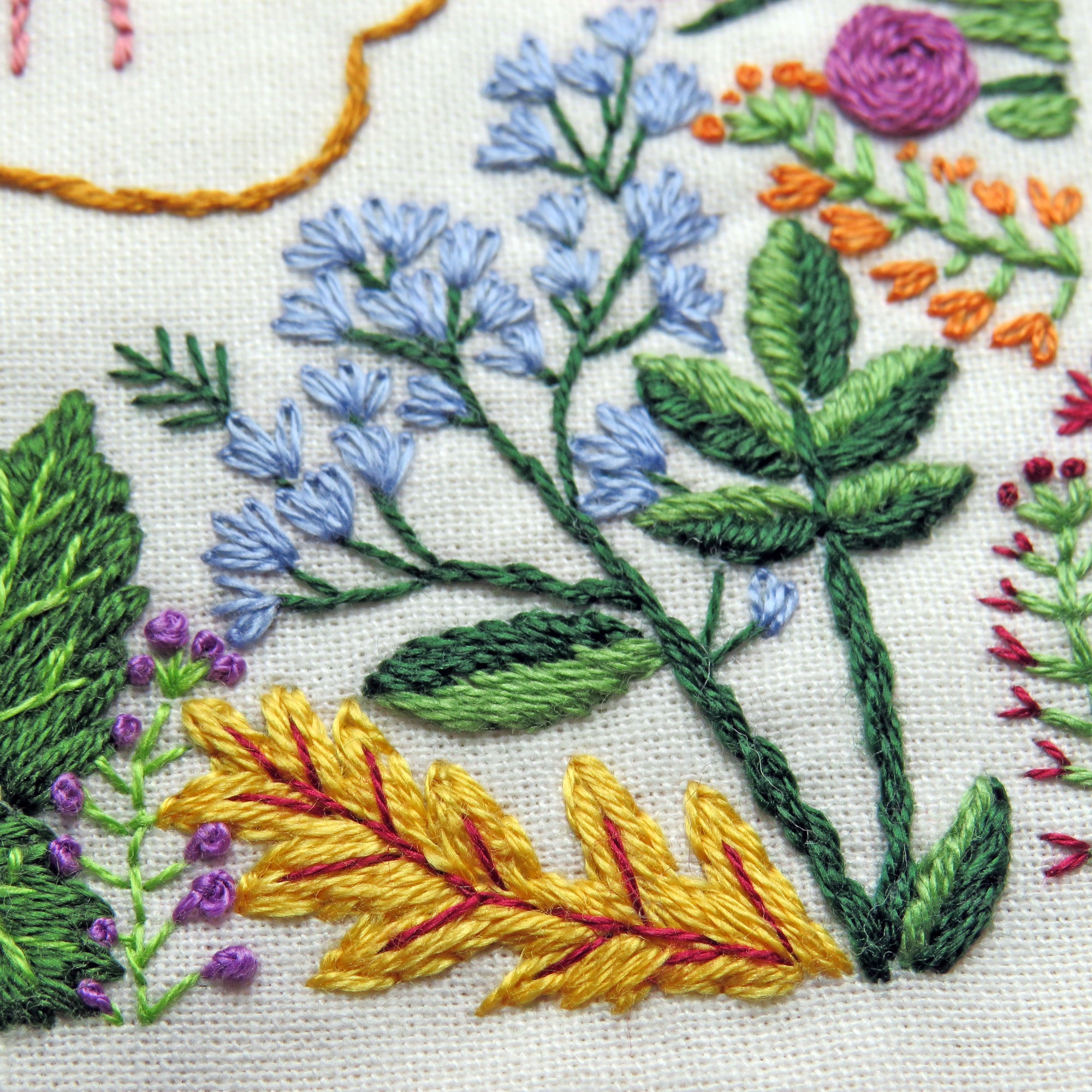 Close-up of embroidered floral design with various colors on a white background