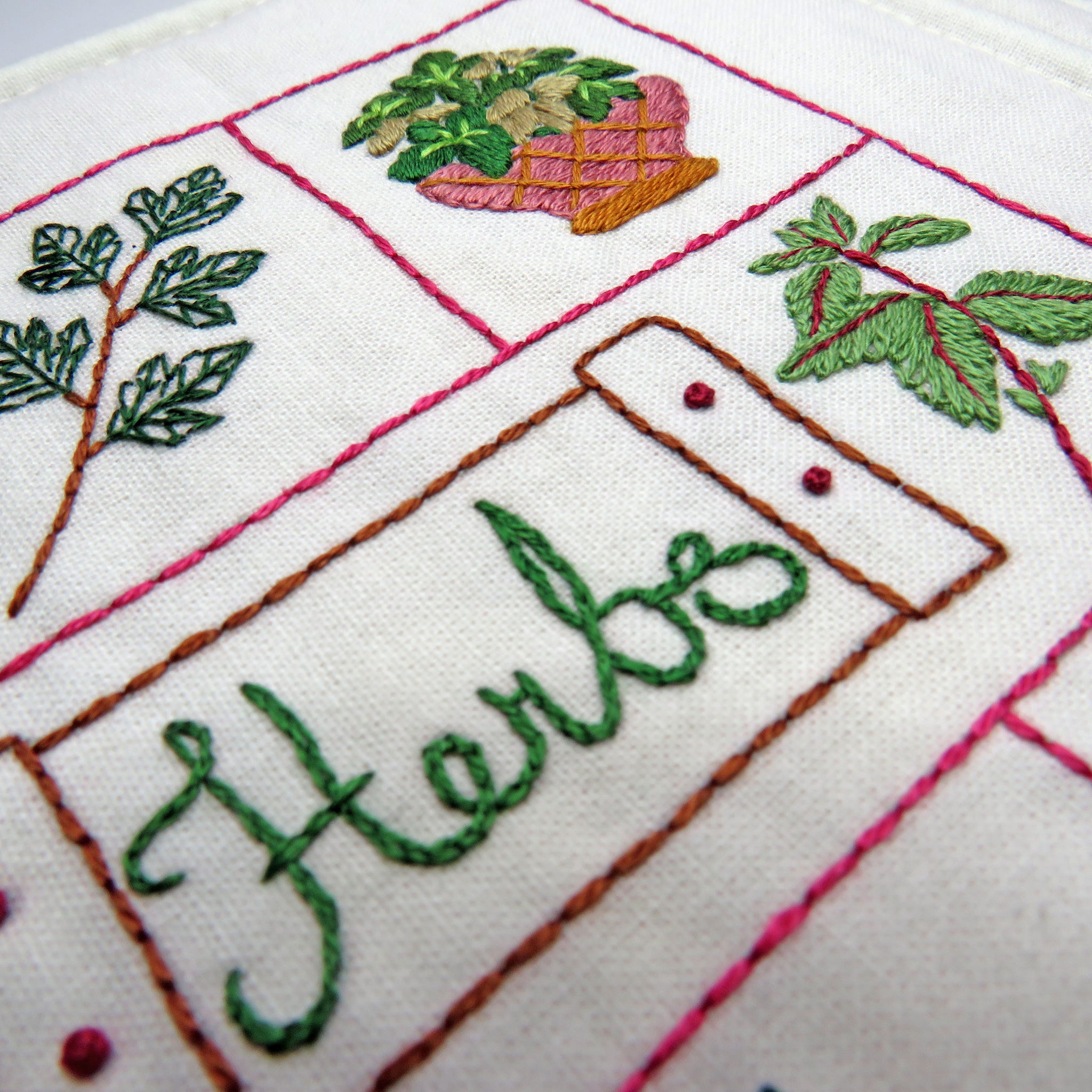 Embroidery design with the word 'Herbs' and plant illustrations on a white background.