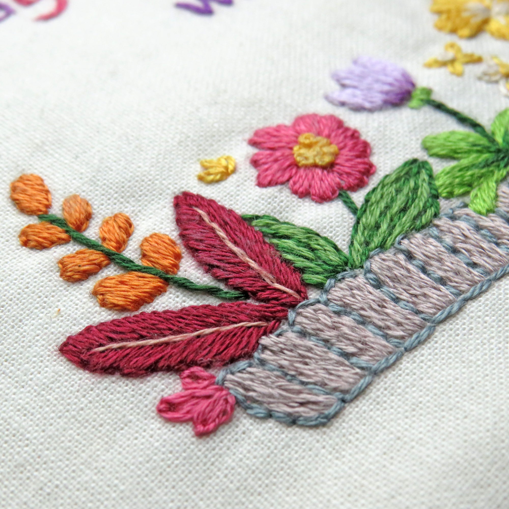 Close-up of embroidered floral design on fabric