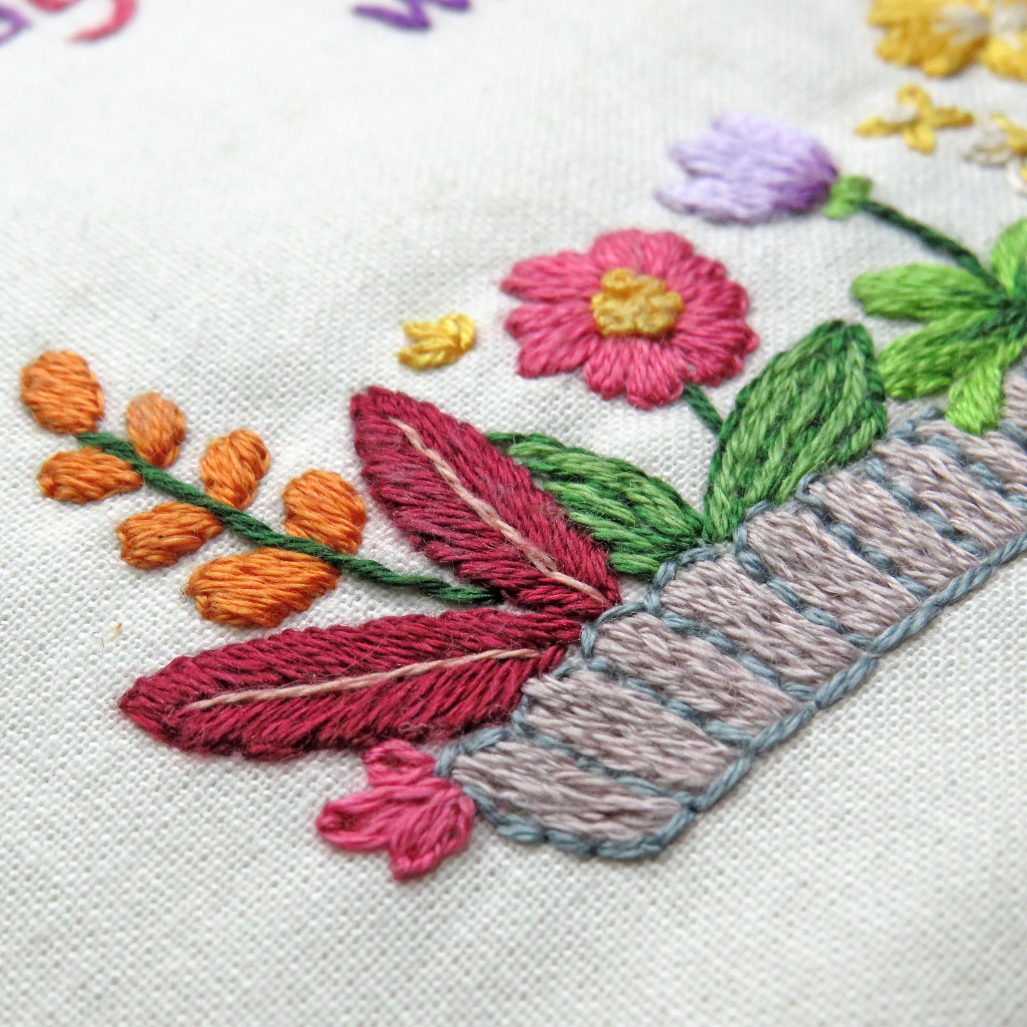 Close-up of embroidered floral design on fabric