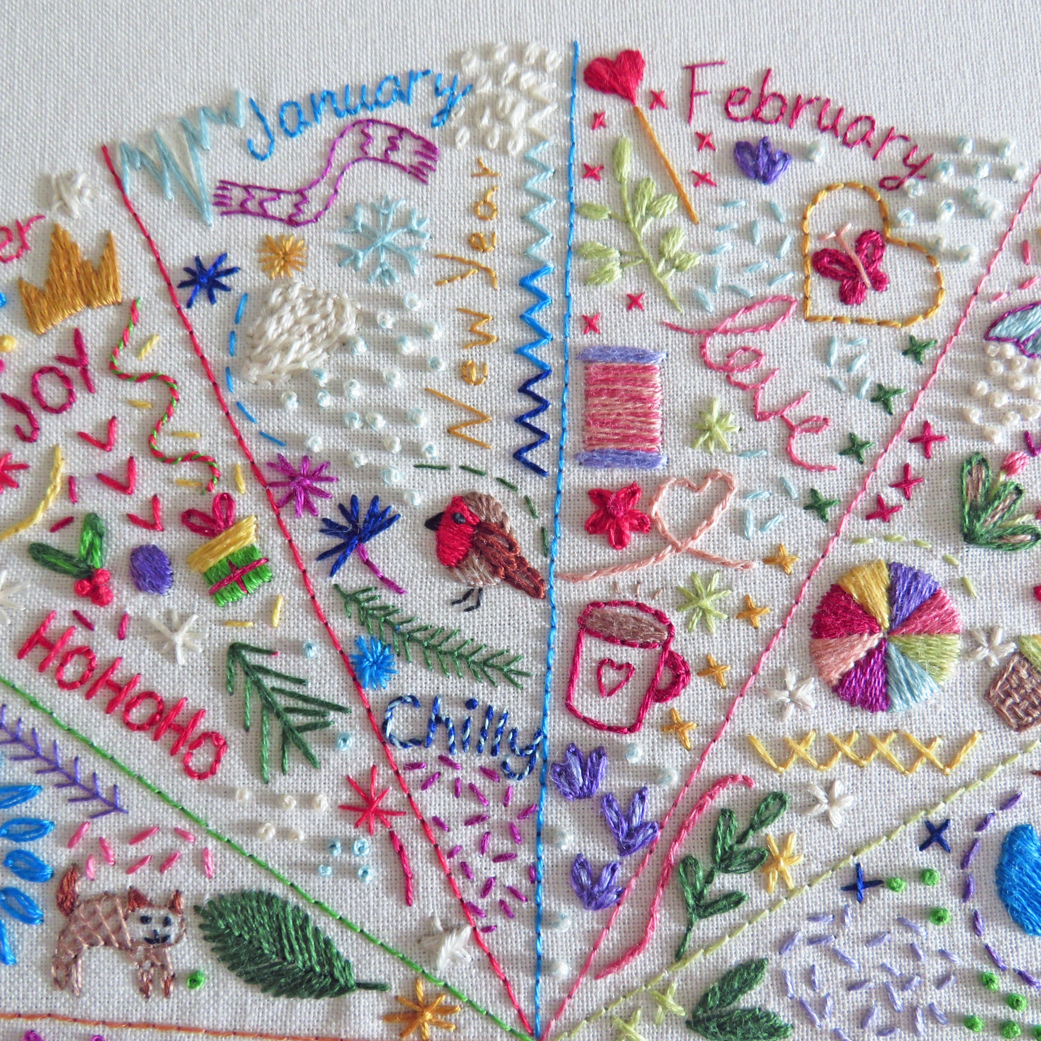 A close-up of a white fabric surface featuring colorful embroidered seasonal and New Year-themed designs arranged in triangular sections labeled January through February, with stitched words like 'New Year', 'love', 'joy', 'ho ho ho', and 'cheering'.