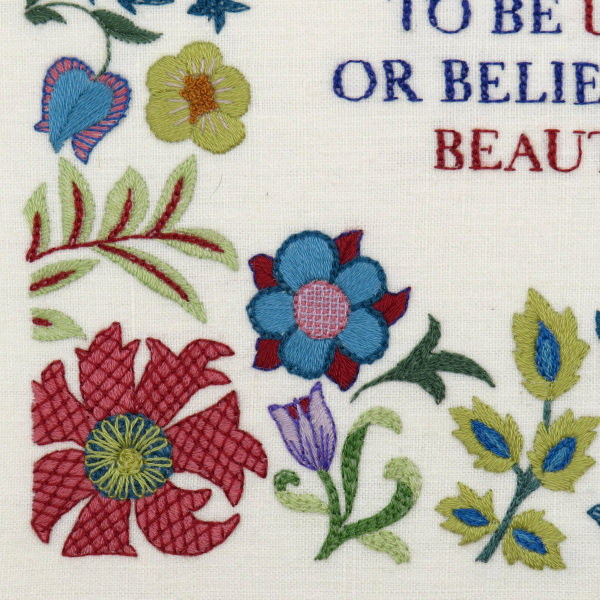 This famous quote by William Morris is beautifully stitched surrounded by a selection of Morris' own wonderful floral elements.&nbsp;
