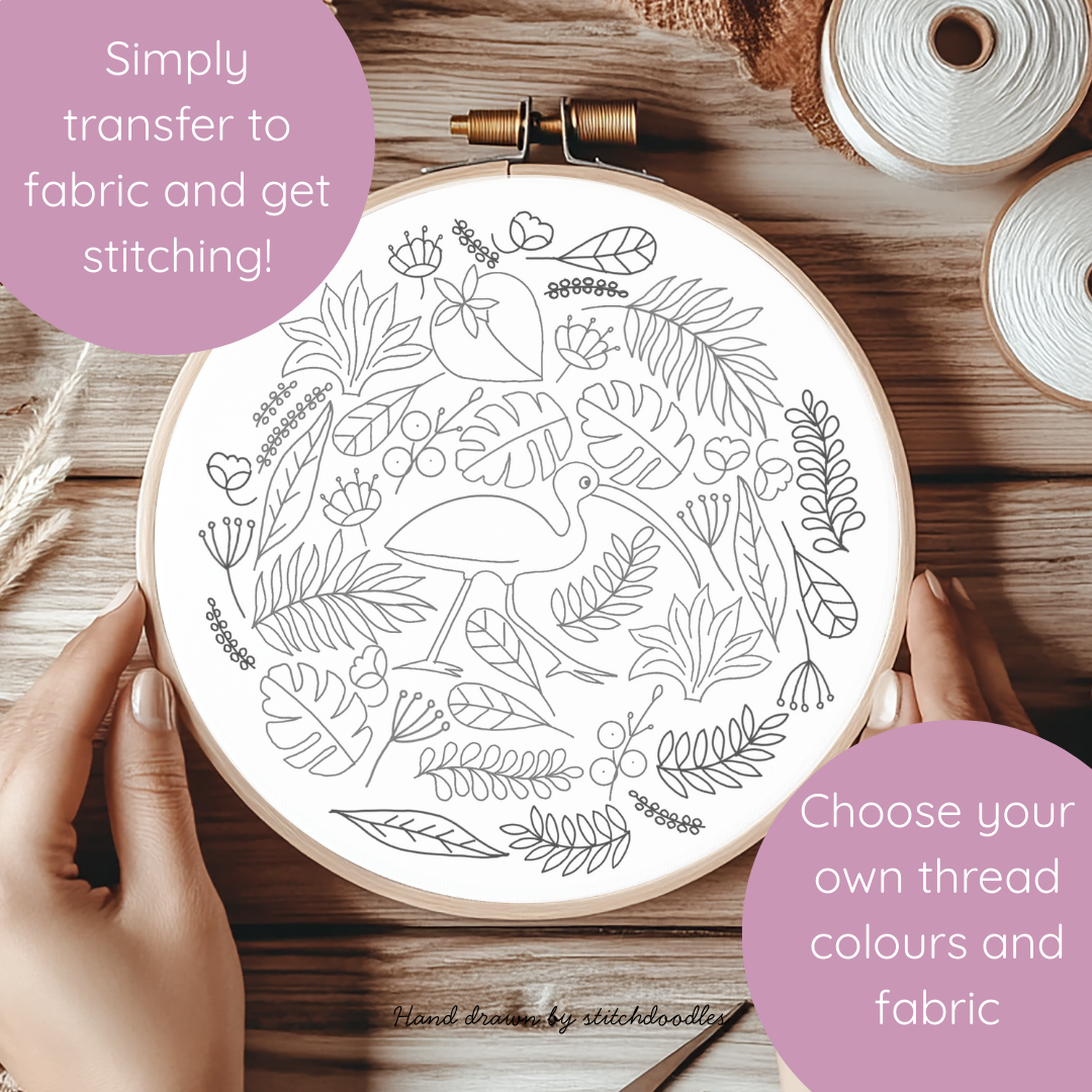Embroidery hoop with floral pattern on a wooden surface, hands holding it.