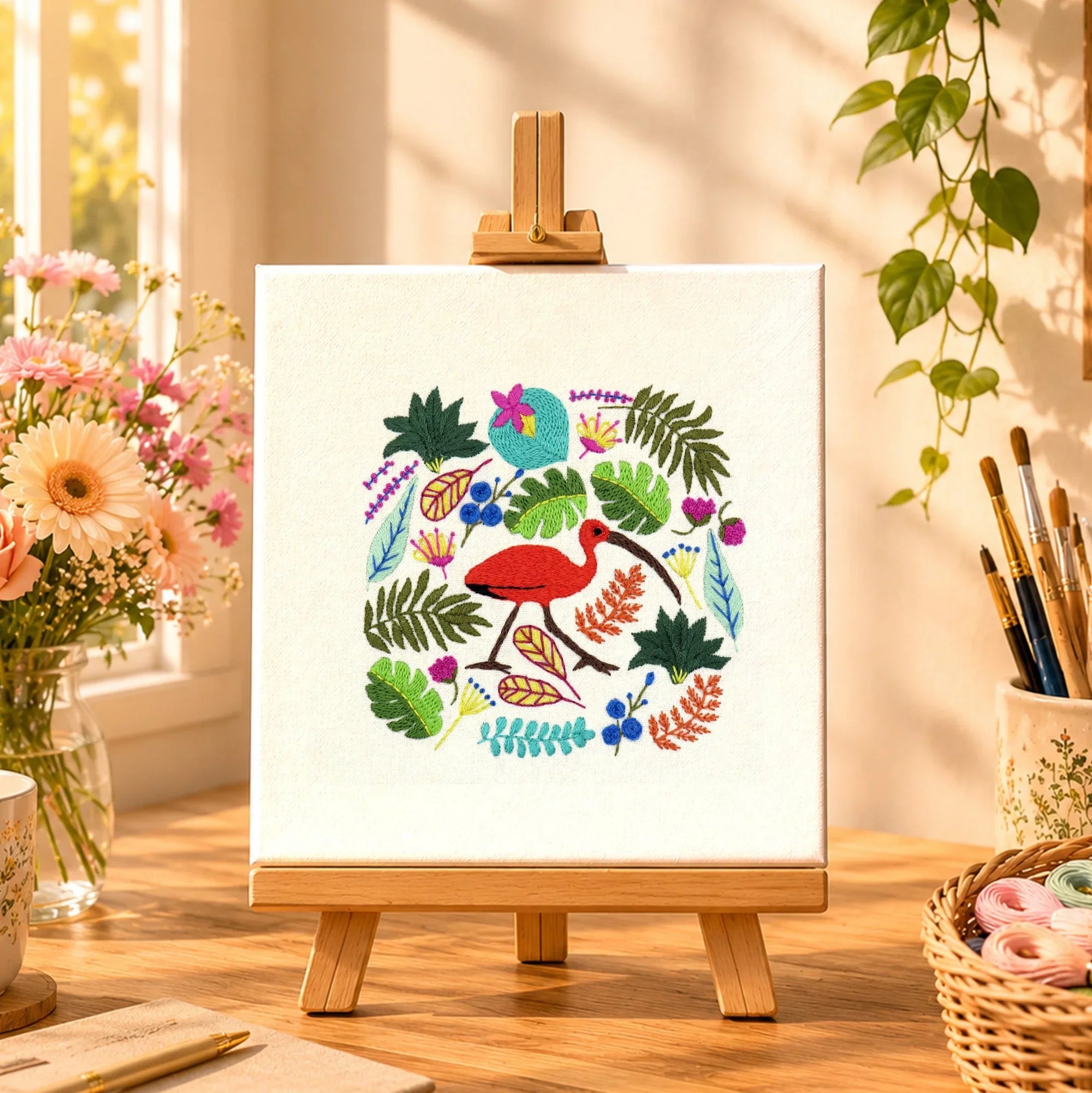 Colorful artwork of a flamingo and foliage on an easel in a bright room with flowers and art supplies.