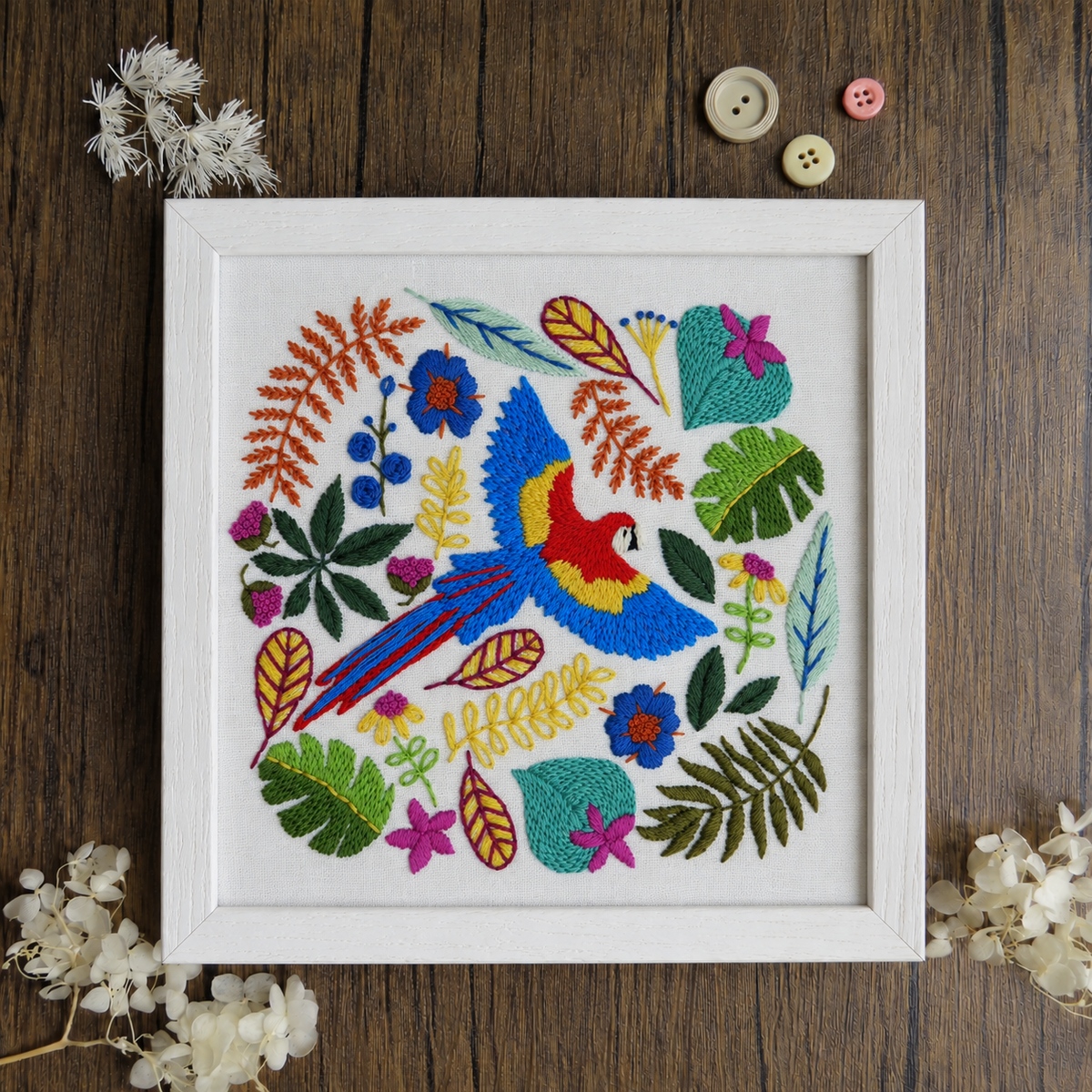 Macaw Parrot Tropical Hand Embroidery Design Pattern. Part of the Tropical Paradise Collection of Hand Embroidery Patterns