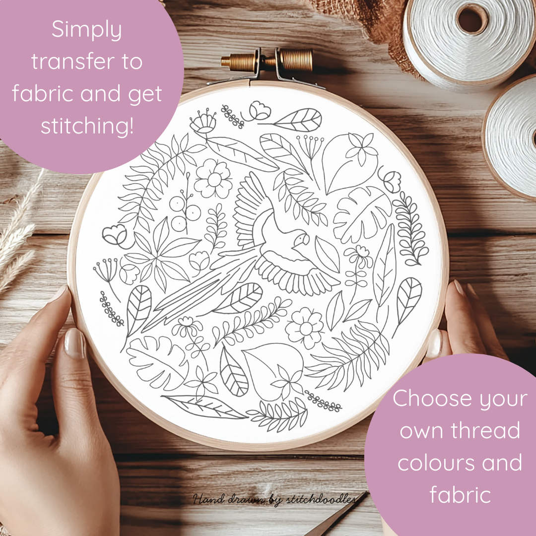 Embroidery hoop with floral and bird design on a wooden surface, surrounded by fabric and thread.