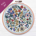 Embroidery hoop with floral pattern on a white background