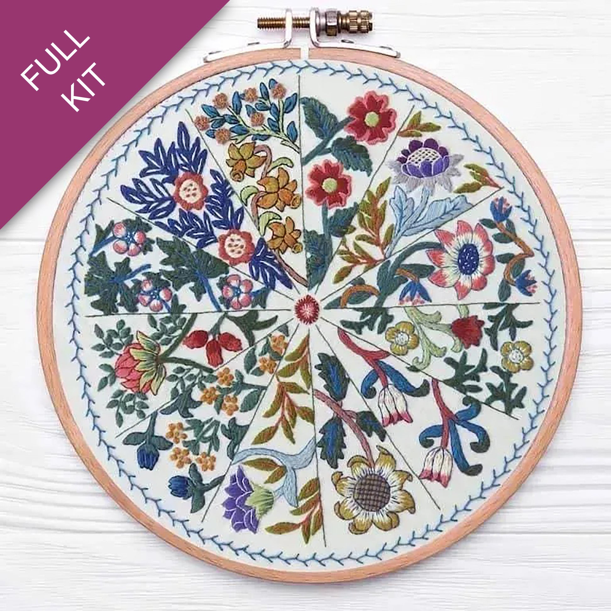 Embroidery hoop with floral pattern on a white background