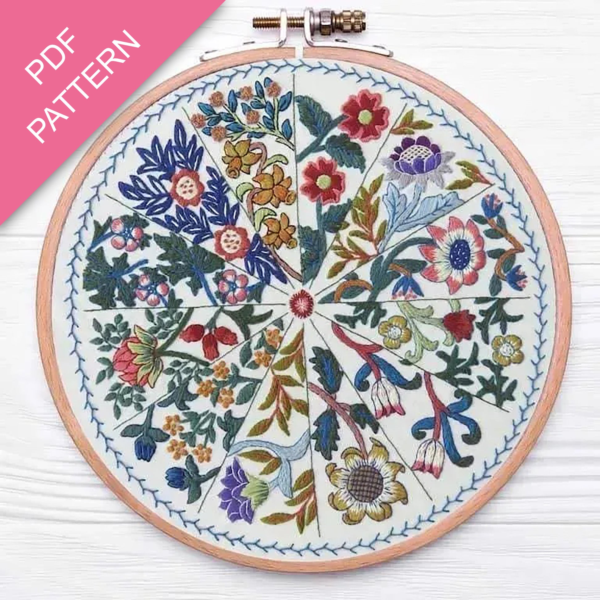 Embroidery hoop with floral pattern on a white background, labeled 'PDF Pattern'.
