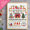 Framed Christmas-themed PDF pattern with festive elements on a wooden surface.