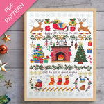 Framed Christmas-themed PDF pattern with festive elements on a wooden surface.