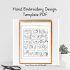 Hand embroidery design template PDF with alphabet and symbols in a wooden frame on a white background.