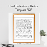 Hand embroidery design template PDF with alphabet and symbols in a wooden frame on a white background.