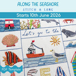 Embroidery kit with seashore-themed designs and text 'Along the Seashore Stitch a Long Starts 10th June 2026'.
