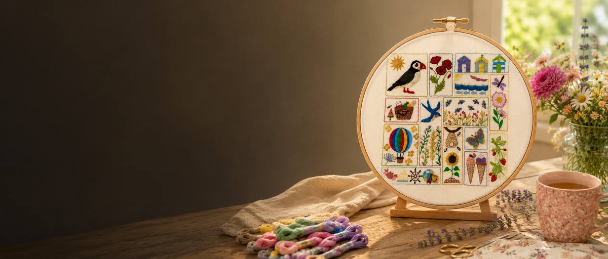 Embroidery hoop with colorful designs on a wooden table with flowers and a cup in the background.