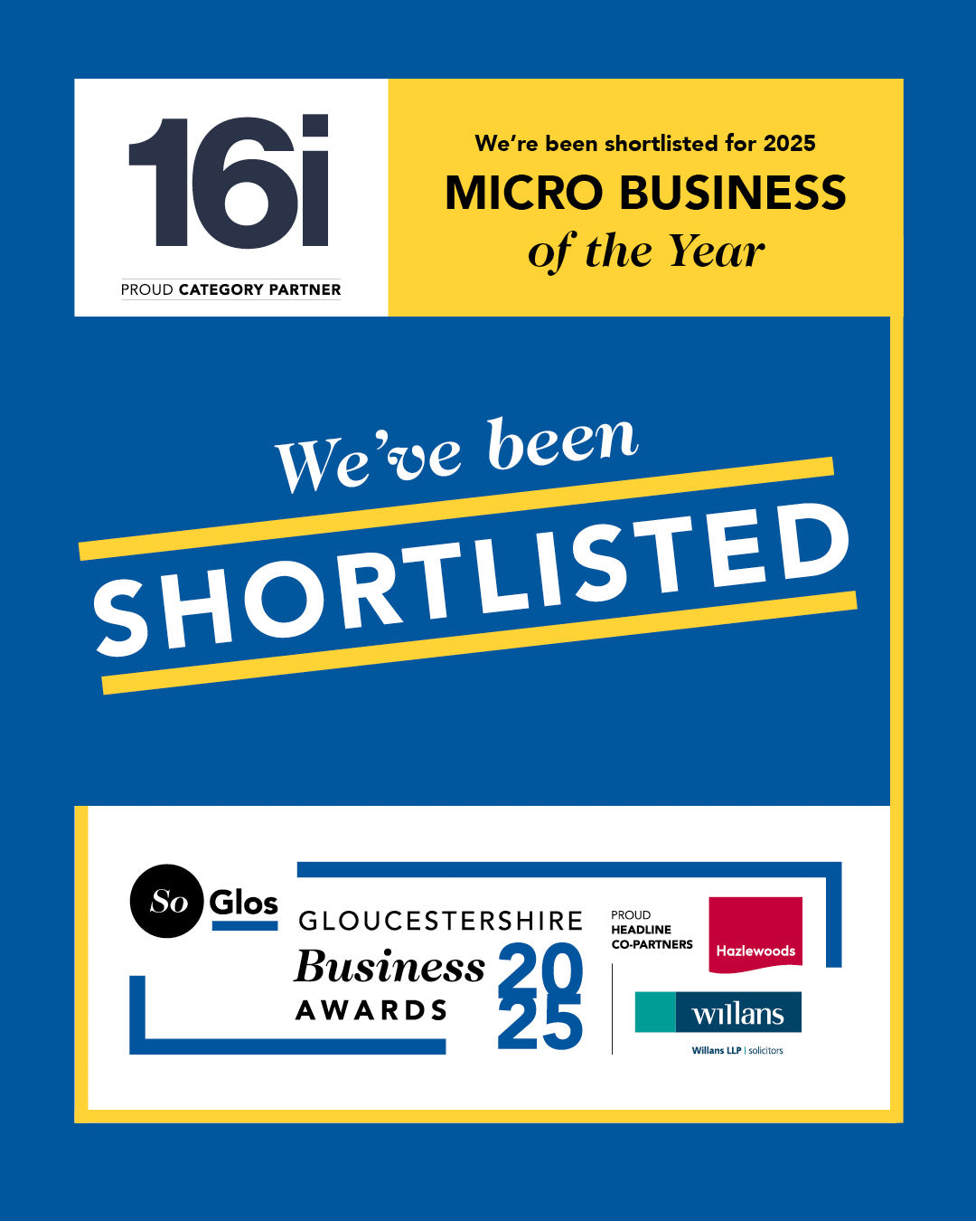Promotional poster for 16i, shortlisted for Micro Business of the Year at Gloucestershire Business Awards.