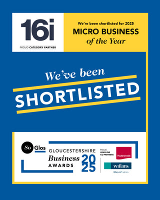 Promotional poster for 16i, shortlisted for Micro Business of the Year, with logos of partners on a blue background.