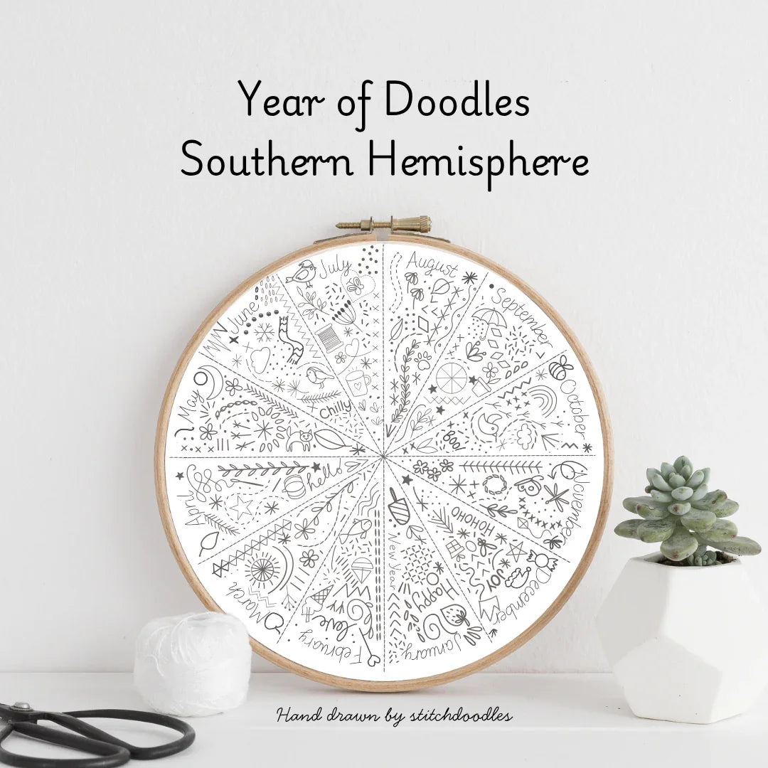 Decorative circular piece with hand-drawn designs in a wooden hoop, labeled 'Year of Doodles Southern Hemisphere'.