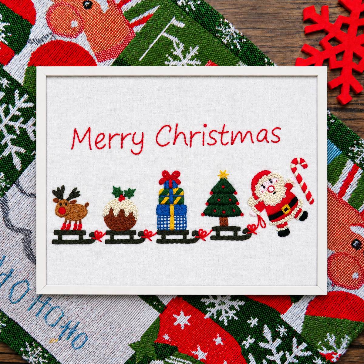 Santa's on his Way Christmas Pre Printed Embroidery Fabric Panel! A delightful Christmas pattern to hang on your wall during the festivities
