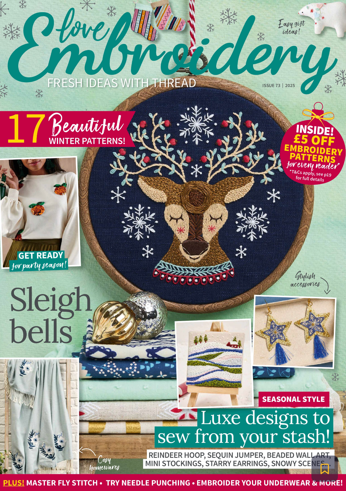 Embroidery magazine cover with a deer design and winter patterns 