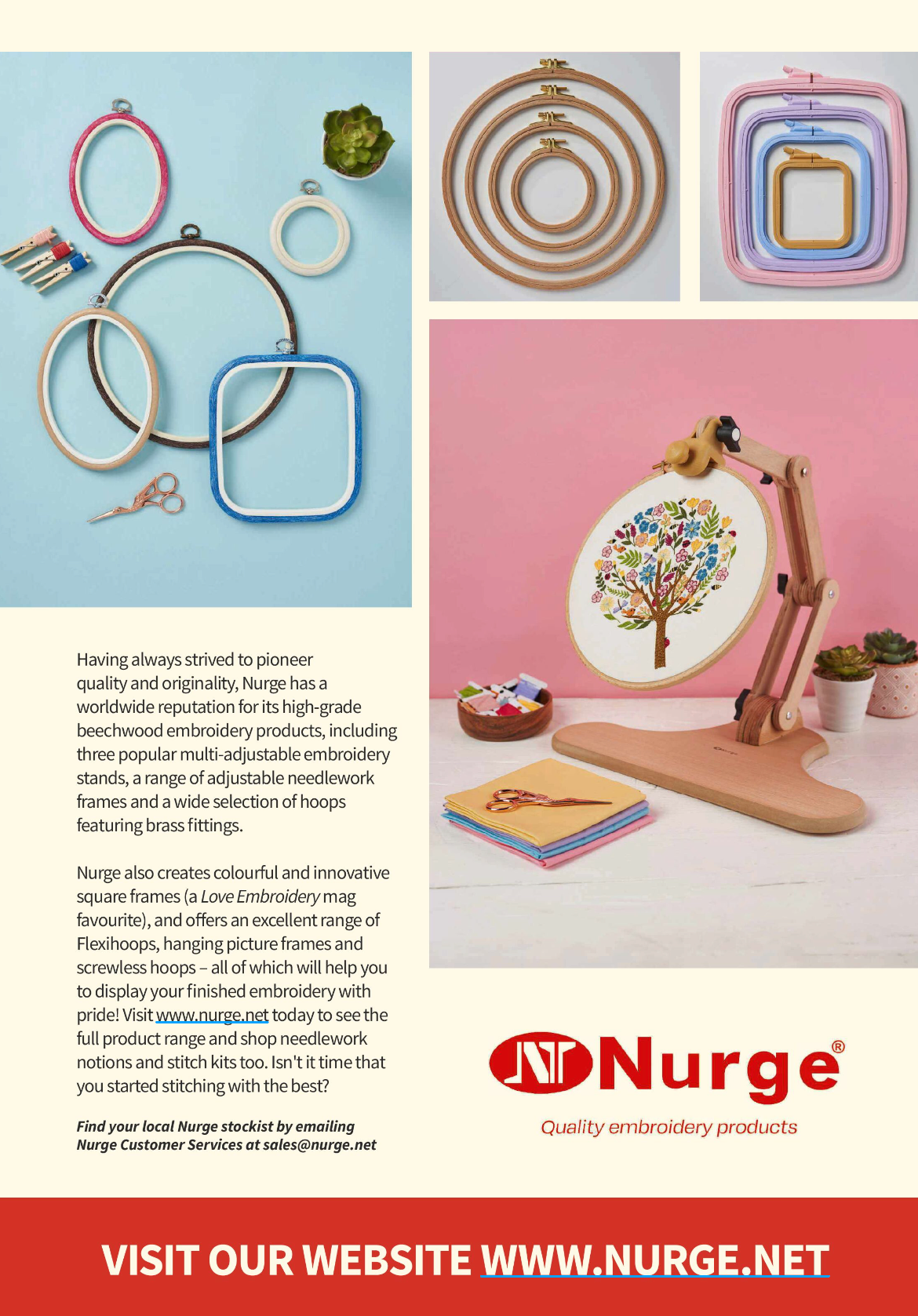 Embroidery hoops and tools with Nurge branding on a promotional poster for astitchdoodles pattern design