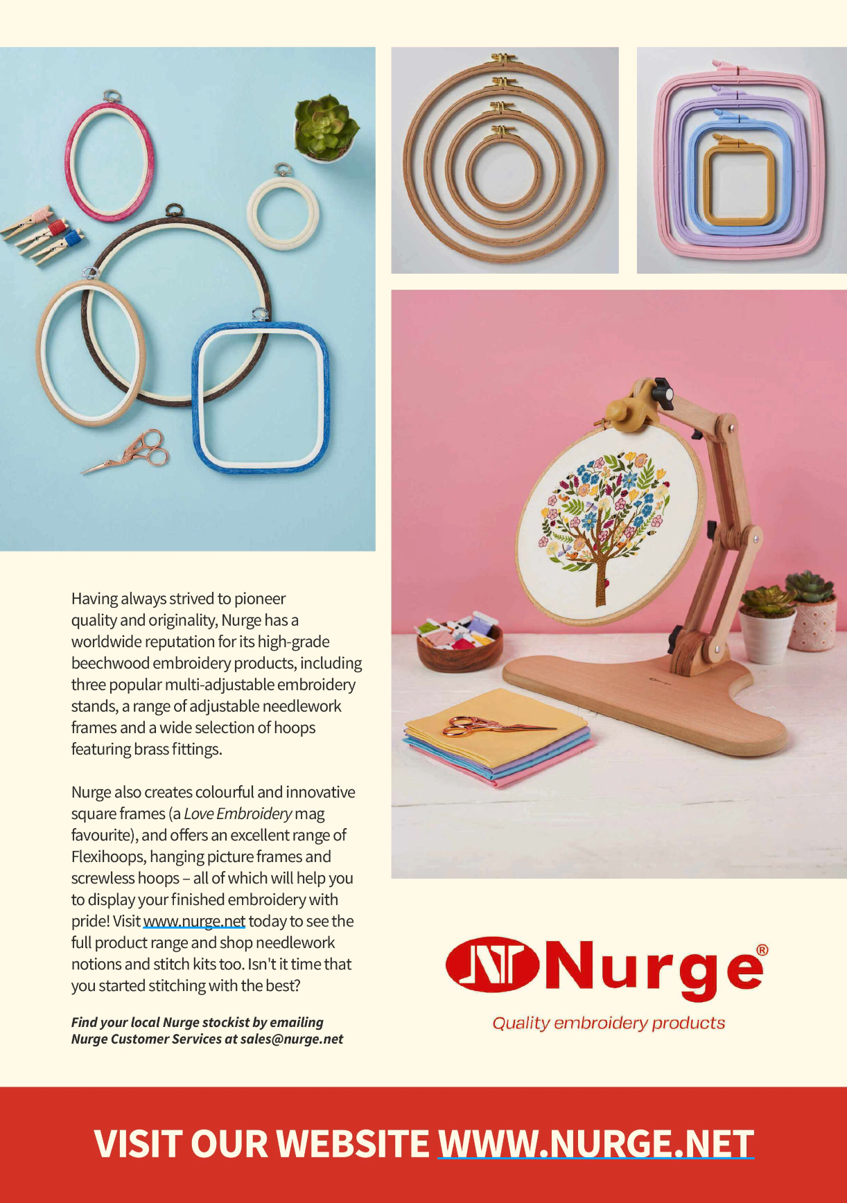 Embroidery hoops and stand with colorful hoop set on a pink background, Nurge branding visible.