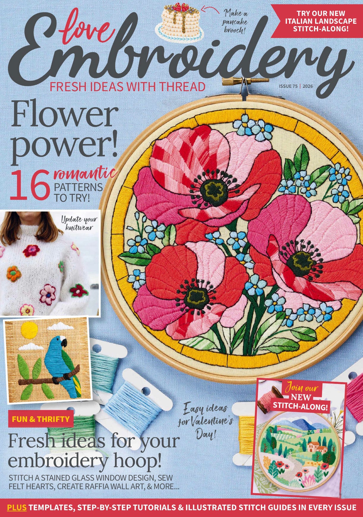 Embroidery magazine cover with floral design and text about embroidery patterns and projects.