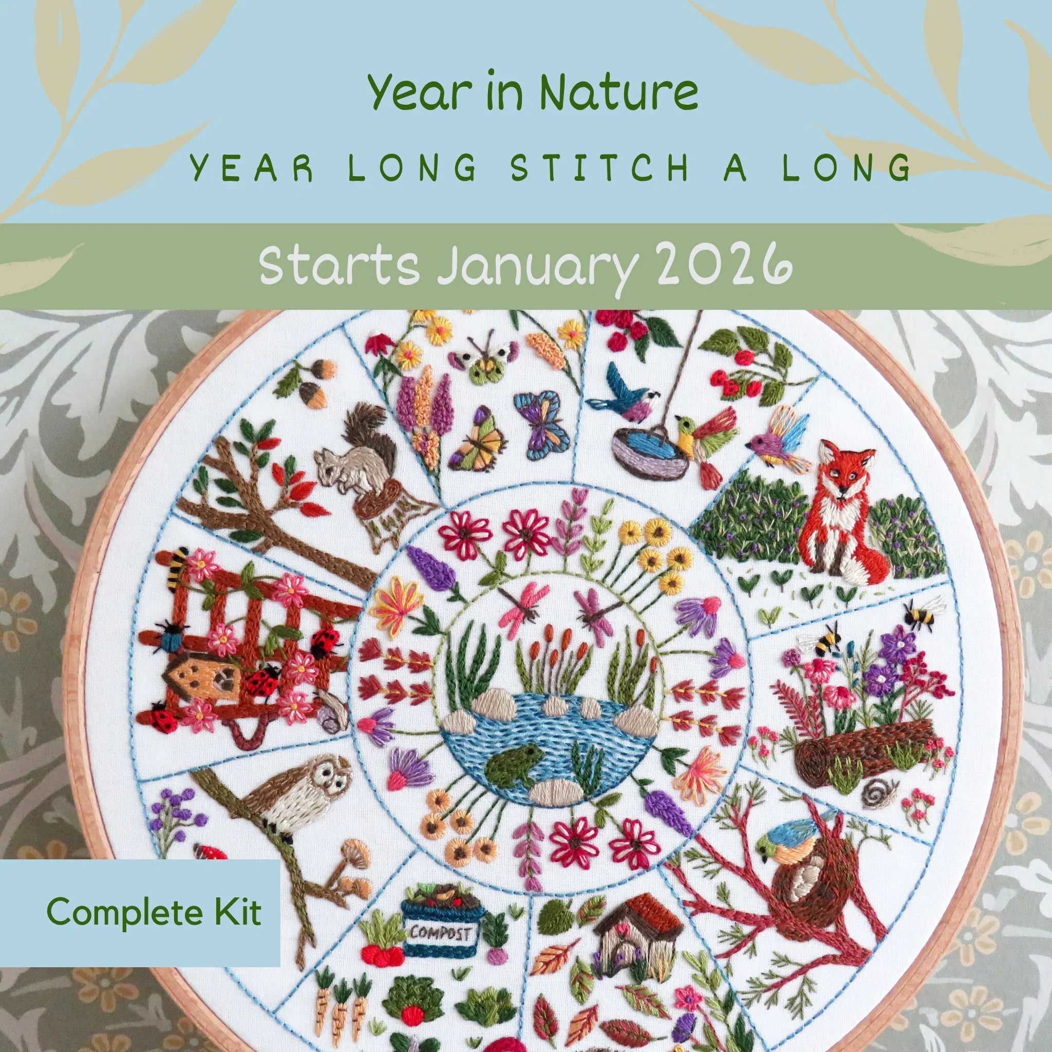 Embroidery kit with nature-themed design and text about a year-long stitch along starting January 2026.