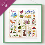 Framed set of embroidered stickers with various designs including animals, plants, and nature-themed elements.