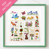 Embroidery pattern with various designs including animals, plants, and nature-themed elements framed with a green border.