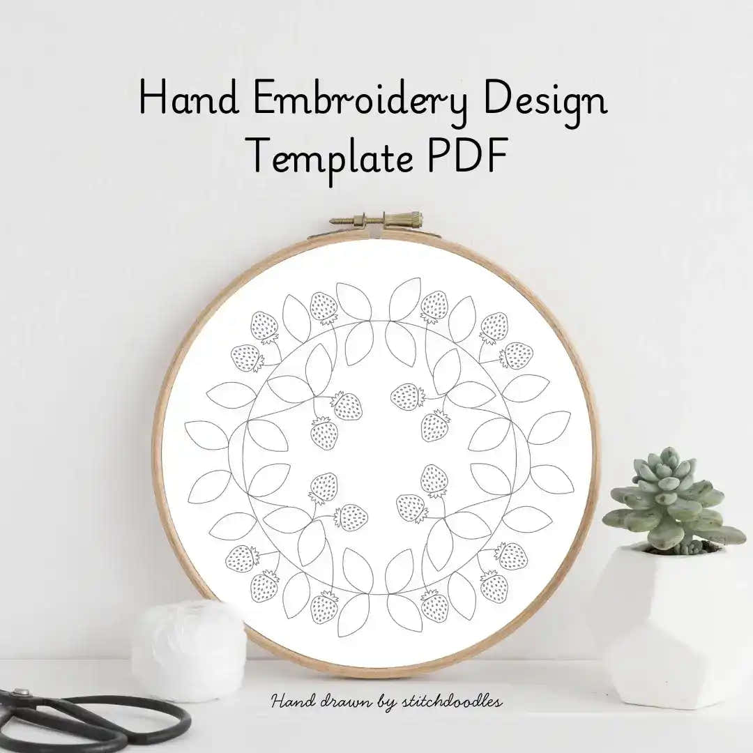Hand embroidery design template PDF with a wooden hoop on a white background