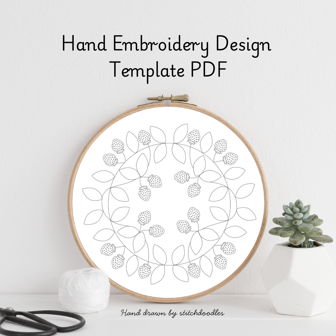 Hand embroidery design template PDF with a wooden hoop on a white background