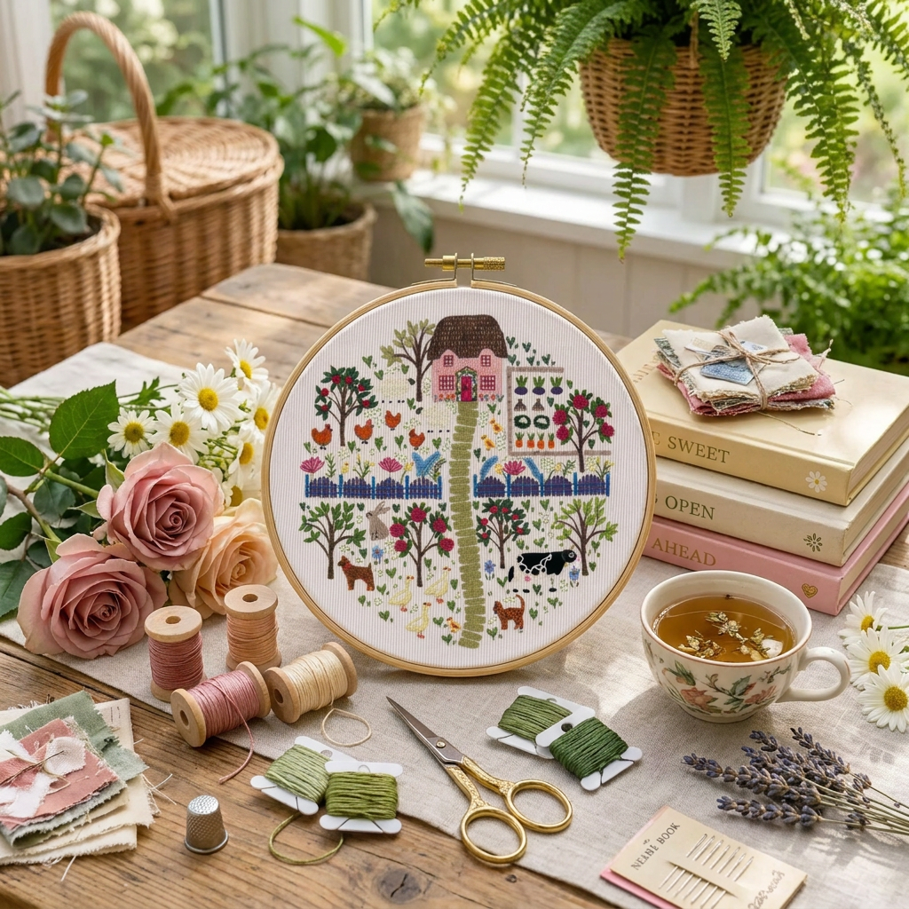 Embroidery hoop with a colorful house design on a table with books, flowers, and tea.