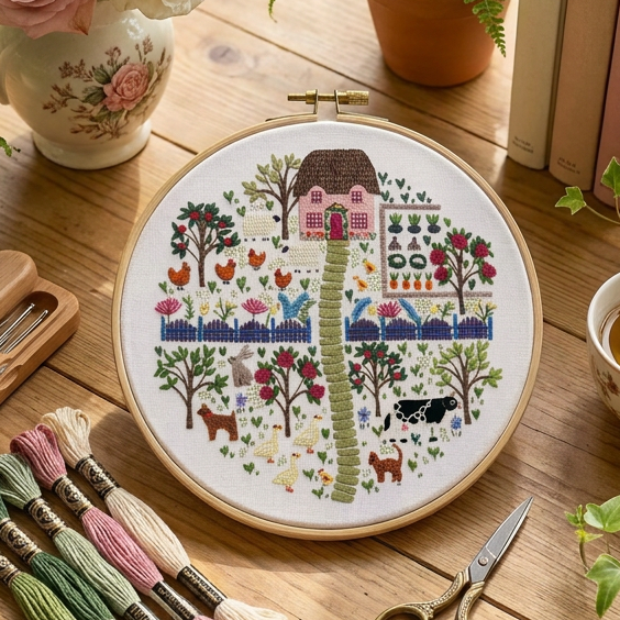 Cross-stitch hoop with a colorful design on a wooden table with flowers, books, and plants.