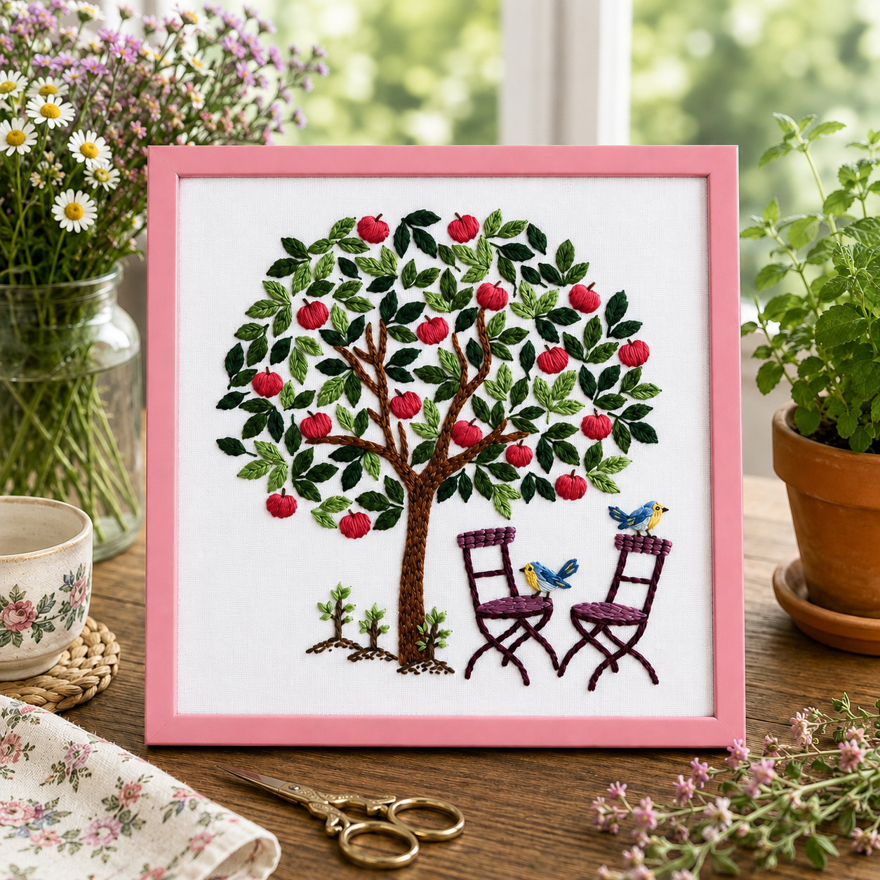 Embroidery of a tree with birds and chairs on a wooden table with plants and a teacup.