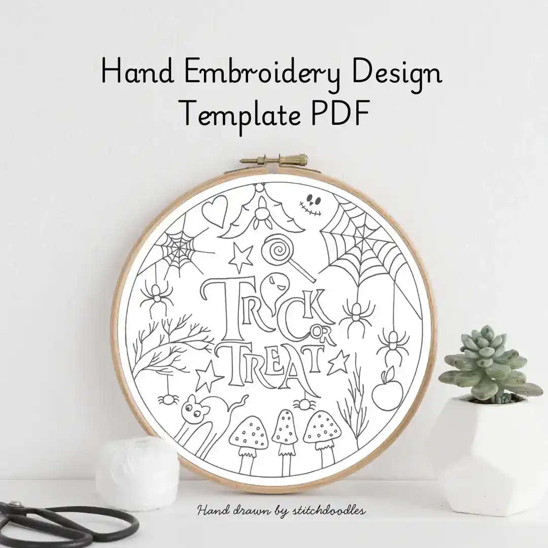 Hand embroidery design template with 'Trick or Treat' text in a hoop on a white background.
