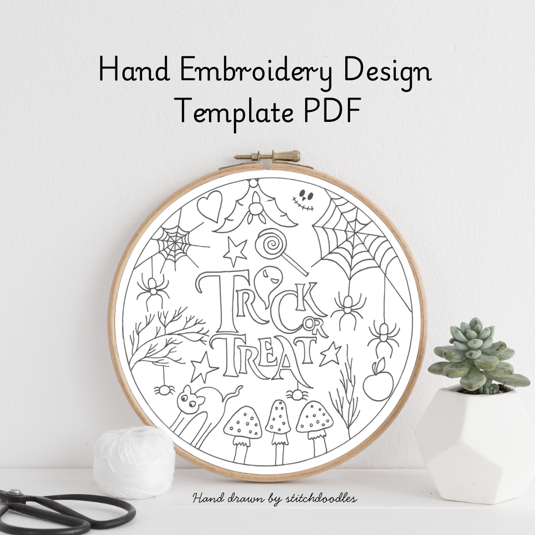 Hand embroidery design template with 'Trick or Treat' text in a hoop on a white background.