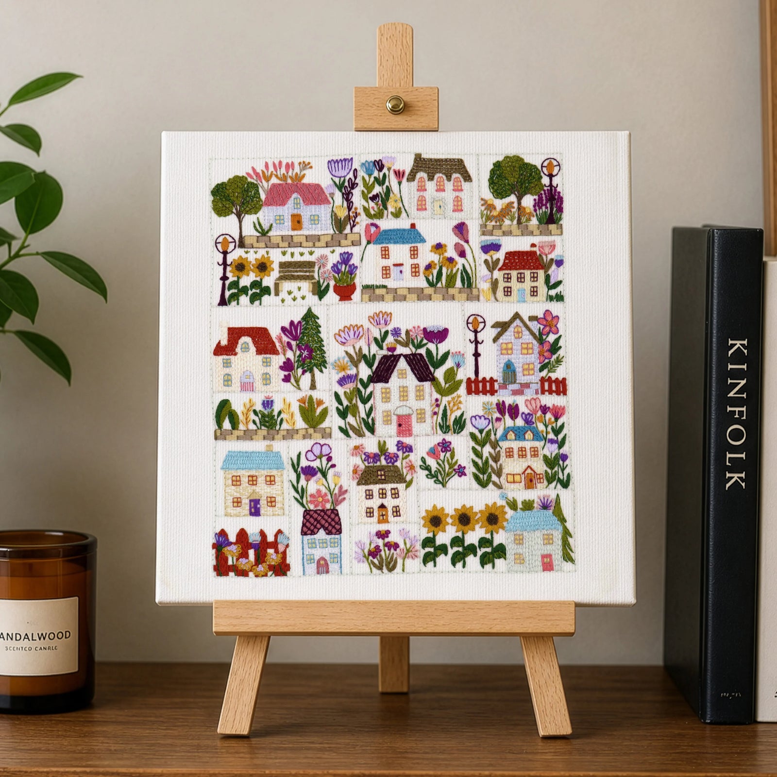 Decorative print of houses and flowers on a small easel with books and a plant in the background.