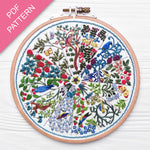 Embroidery hoop with a colorful floral and bird design on a white background, labeled 'PDF Pattern'.
