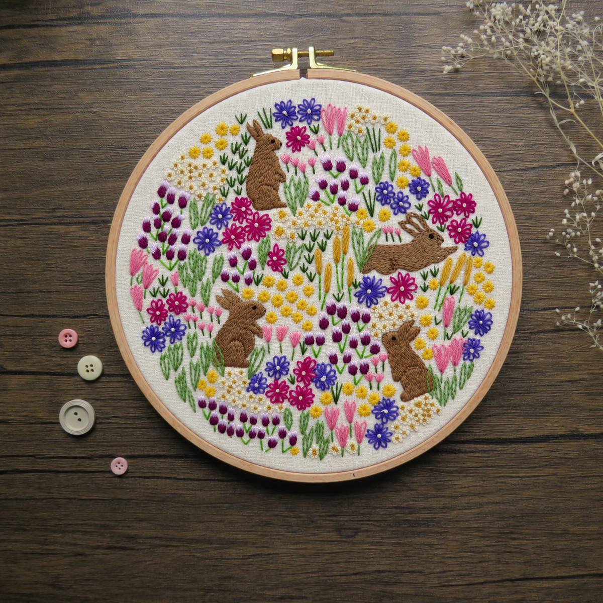 Wild Flowers and Rabbits, Pre Printed Embroidery Fabric Panel PLUS PDF Pattern