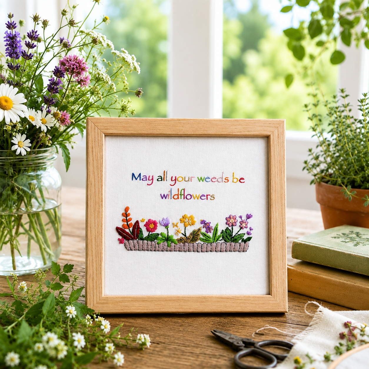Framed artwork with floral design and text on a table with plants and scissors.