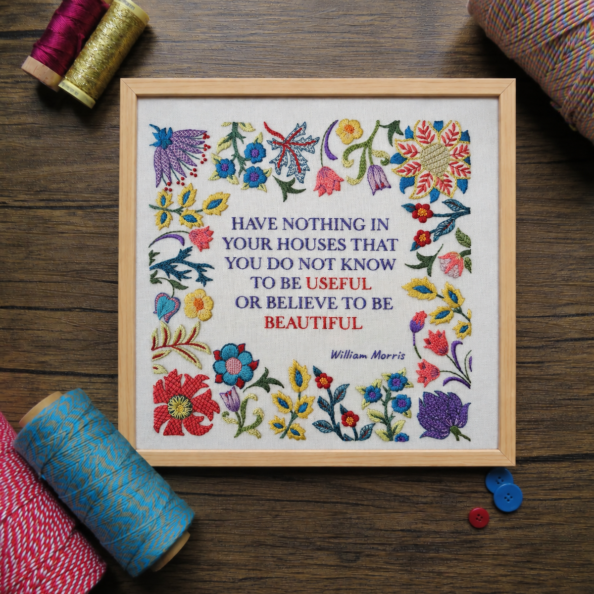 This famous quote by William Morris is beautifully stitched surrounded by a selection of Morris' own wonderful floral elements.&nbsp;