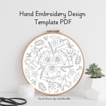 Hand embroidery design template PDF with floral pattern in an embroidery hoop on a white background.