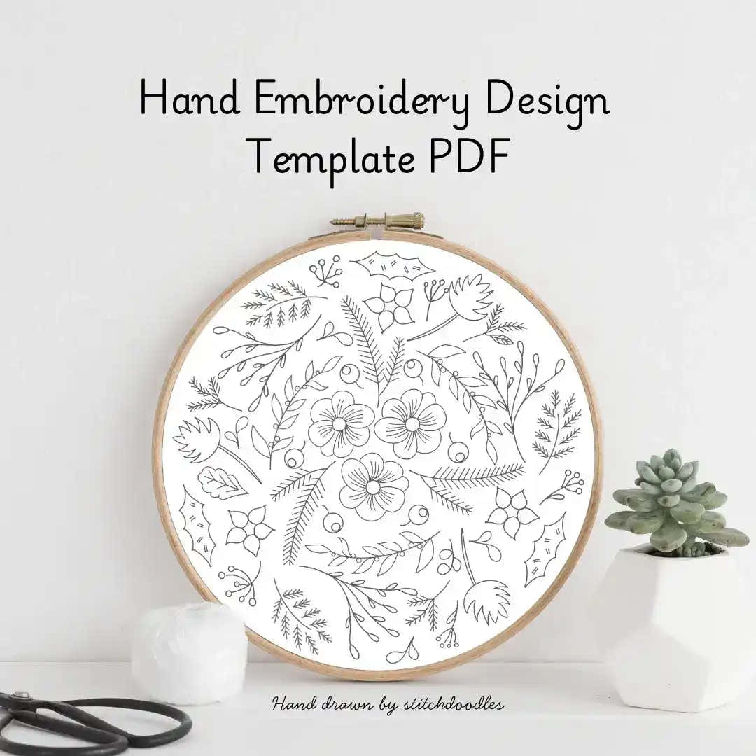 Hand embroidery design template PDF with floral pattern in an embroidery hoop on a white background.
